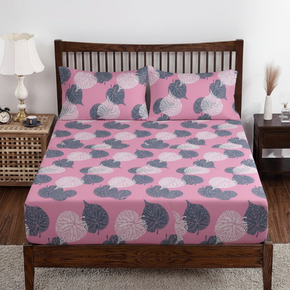 COLOFLY Premium Elastic Fitted Bedsheet with 2 Pillow Covers | Leaf Print | Single & Double Size | Pink, Brown, Blue - Colofly