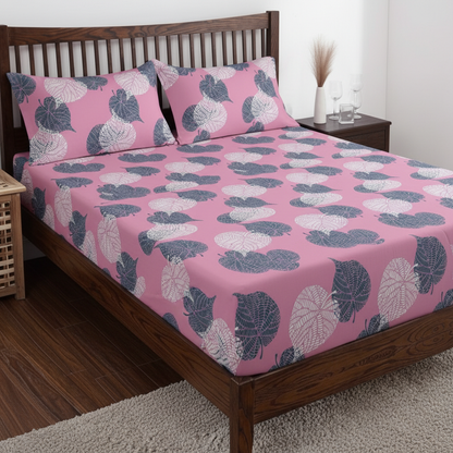 COLOFLY Premium Elastic Fitted Bedsheet with 2 Pillow Covers | Leaf Print | Single & Double Size | Pink, Brown, Blue - Colofly