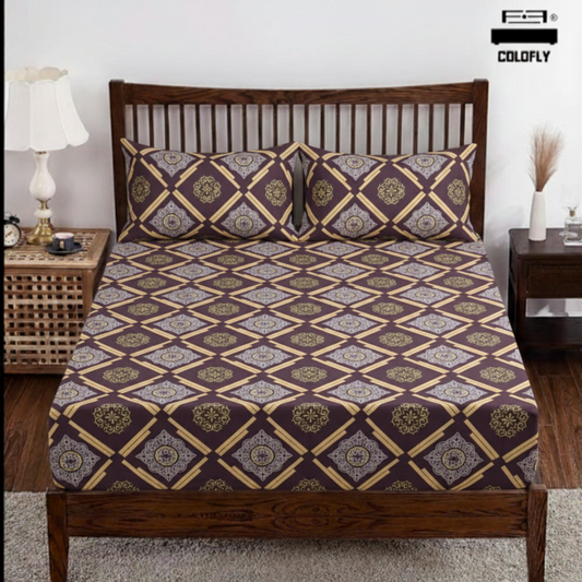 COLOFLY Premium Elastic Fitted Bedsheet with 2 Pillow Covers | Leaf Print | Single & Double Size | Pink, Brown, Blue - Colofly